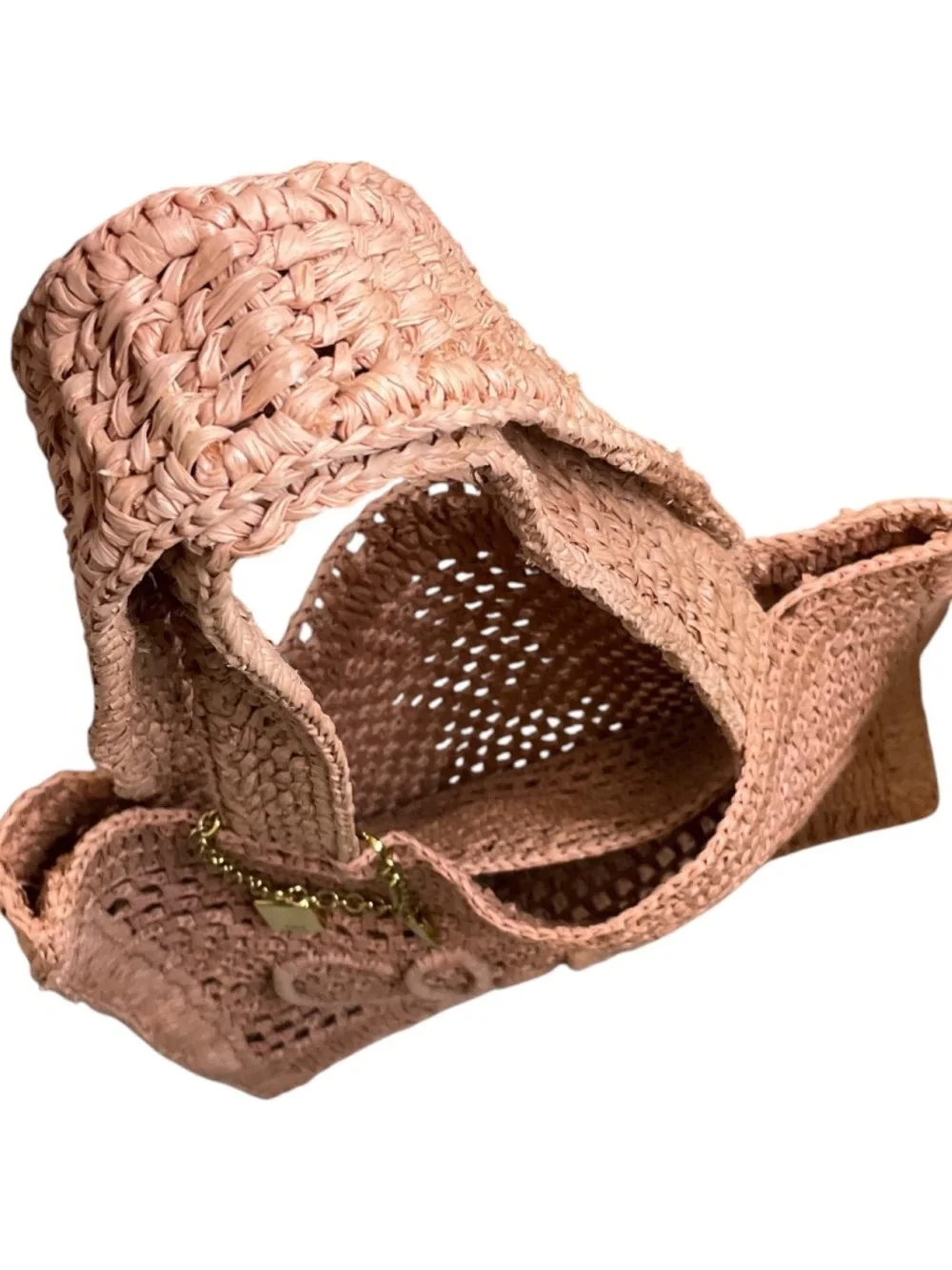 CHLOE SUMMERY BEIGE SUMMER BANANA LOGO RAFFIA CROCHET TOTE BAG - Picture 6 of 16